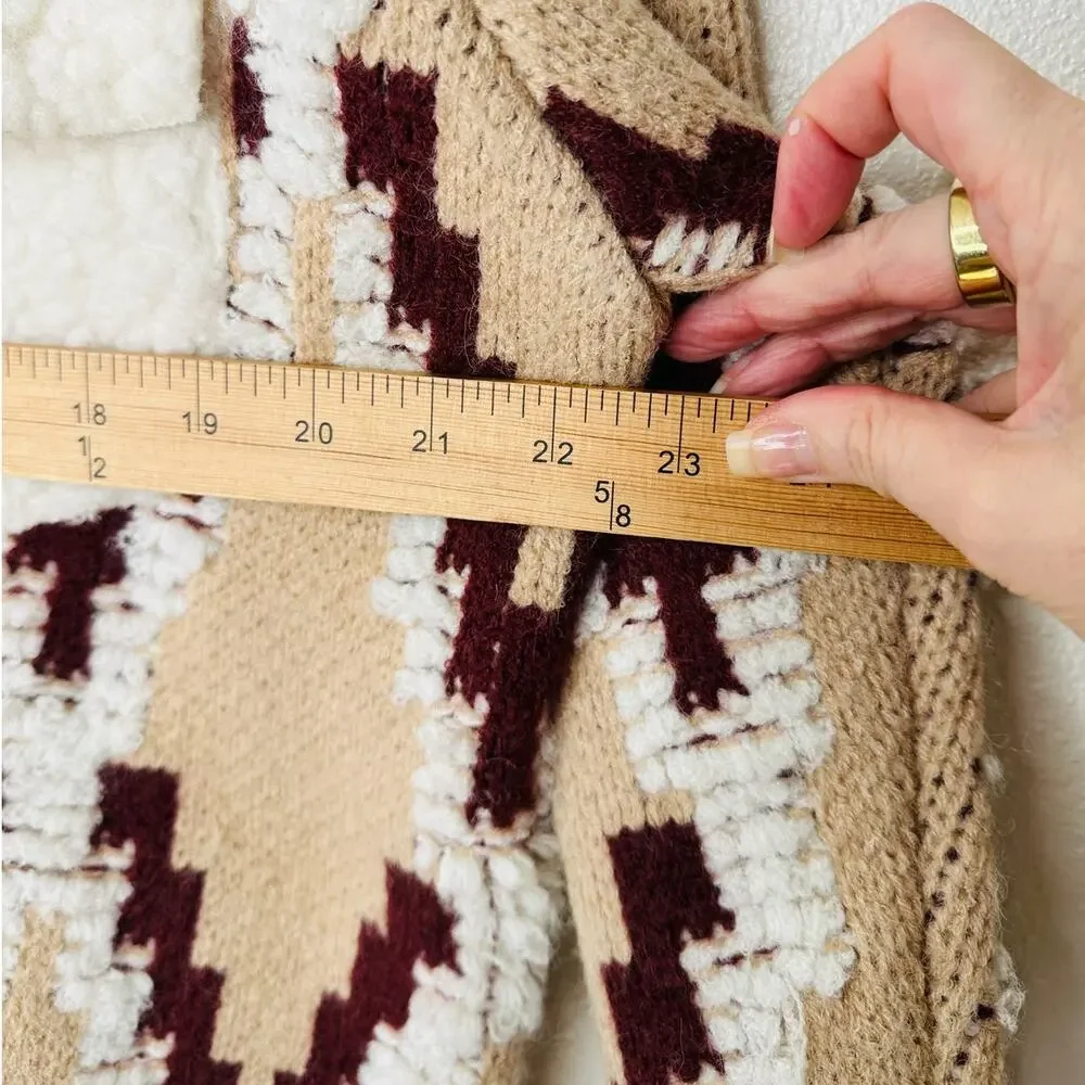 a. peach Tan Ivory Burgundy Southwest Print Button Collared Sweater Jacket S - Picture 13 of 13